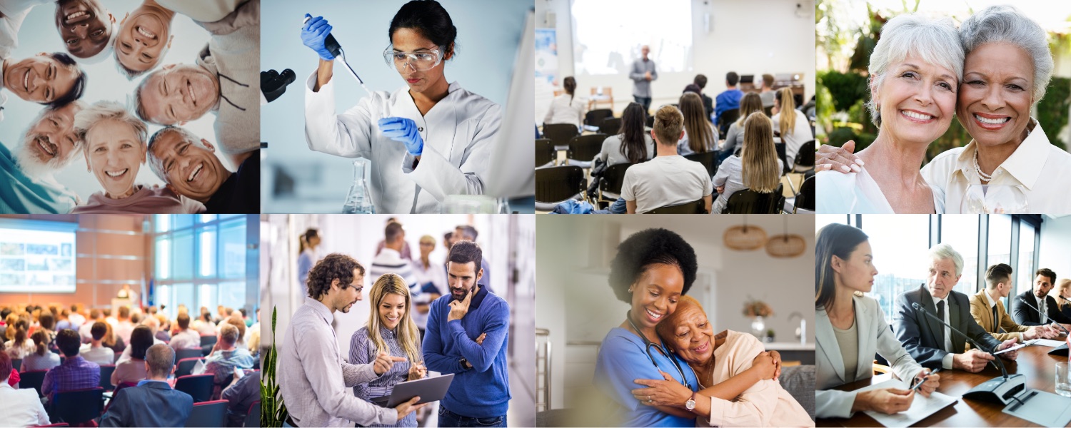 A collage of older adults, carers, researchers, events and policy meetings